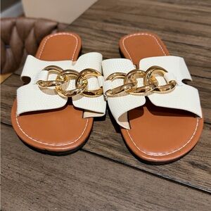 White and Gold Women's Slide Sandals